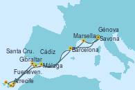 Visitando Savona (Italia), Málaga, Gibraltar (Inglaterra), Arrecife (Lanzarote/España), Fuerteventura (Canarias/España), Santa Cruz de Tenerife (España), Cádiz (España), Barcelona, Marsella (Francia), Génova (Italia)