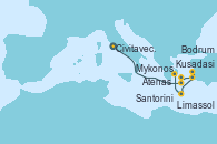 Visitando Civitavecchia (Roma), Santorini (Grecia), Mykonos (Grecia), Kusadasi (Efeso/Turquía), Bodrum (Turquia), Limassol (Chipre), Atenas (Grecia)