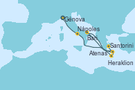 Visitando Génova (Italia), Nápoles (Italia), Heraklion (Creta), Santorini (Grecia), Bari (Italia), Santorini (Grecia), Atenas (Grecia)