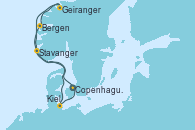 Visitando Copenhague (Dinamarca), Bergen (Noruega), Geiranger (Noruega), Stavanger (Noruega), Kiel (Alemania), Copenhague (Dinamarca)