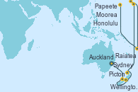 Visitando Sydney (Australia), Picton (Australia), Wellington (Nueva Zelanda), Auckland (Nueva Zelanda), Papeete (Tahití), Moorea (Tahití), Raiatea (Polinesia Francesa), Honolulu (Hawai), Honolulu (Hawai)