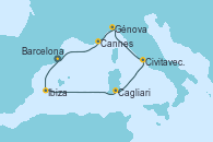 Visitando Barcelona, Ibiza (España), Cagliari (Cerdeña), Civitavecchia (Roma), Génova (Italia), Cannes (Francia), Barcelona