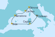 Visitando Civitavecchia (Roma), Génova (Italia), Cannes (Francia), Barcelona, Ibiza (España), Cagliari (Cerdeña), Civitavecchia (Roma)