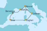 Visitando Barcelona, Ibiza (España), Cagliari (Cerdeña), Civitavecchia (Roma), Génova (Italia), Villefranche (Niza/Mónaco/Francia), Barcelona