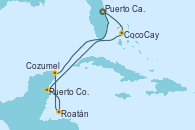 Visitando Puerto Cañaveral (Florida), CocoCay (Bahamas), Puerto Costa Maya (México), Roatán (Honduras), Cozumel (México), Puerto Cañaveral (Florida)