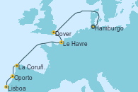 Visitando Hamburgo (Alemania), Dover (Inglaterra), Le Havre (Francia), La Coruña (Galicia/España), Oporto (Portugal), Lisboa (Portugal)