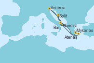Visitando Brindisi (Italia), Mykonos (Grecia), Atenas (Grecia), Split (Croacia), Venecia (Italia), Bari (Italia)