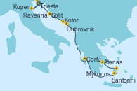 Visitando Trieste (Italia), Ravenna (Italia), Koper (Eslovenia), Split (Croacia), Kotor (Montenegro), Dubrovnik (Croacia), Corfú (Grecia), Santorini (Grecia), Mykonos (Grecia), Atenas (Grecia)