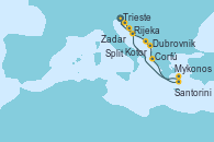 Visitando Trieste (Italia), Rijeka (Croacia), Zadar (Croacia), Dubrovnik (Croacia), Kotor (Montenegro), Corfú (Grecia), Santorini (Grecia), Mykonos (Grecia), Split (Croacia), Trieste (Italia)