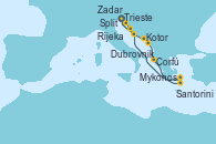 Visitando Trieste (Italia), Rijeka (Croacia), Zadar (Croacia), Kotor (Montenegro), Dubrovnik (Croacia), Corfú (Grecia), Santorini (Grecia), Mykonos (Grecia), Split (Croacia), Trieste (Italia)