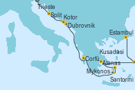 Visitando Trieste (Italia), Split (Croacia), Dubrovnik (Croacia), Kotor (Montenegro), Corfú (Grecia), Santorini (Grecia), Mykonos (Grecia), Atenas (Grecia), Kusadasi (Efeso/Turquía), Estambul (Turquía)