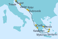 Visitando Trieste (Italia), Koper (Eslovenia), Zadar (Croacia), Dubrovnik (Croacia), Kotor (Montenegro), Corfú (Grecia), Katakolon (Olimpia/Grecia), Santorini (Grecia), Mykonos (Grecia), Atenas (Grecia)