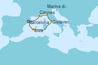 Visitando Barcelona, Cannes (Francia), Marina di Carrara (Italia), Civitavecchia (Roma), Ibiza (España), Ibiza (España), Barcelona