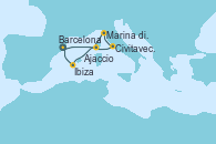 Visitando Barcelona, Civitavecchia (Roma), Marina di Carrara (Italia), Ajaccio (Córcega), Ibiza (España), Ibiza (España), Barcelona