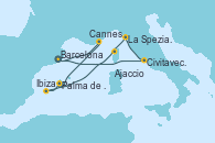 Visitando Barcelona, Cannes (Francia), Palma de Mallorca (España), Ibiza (España), Ibiza (España), Ajaccio (Córcega), La Spezia, Florencia y Pisa (Italia), La Spezia, Florencia y Pisa (Italia), Civitavecchia (Roma), Barcelona