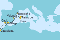 Visitando Barcelona, Málaga, Cádiz (España), Casablanca (Marruecos), Valencia, Palma de Mallorca (España), Ibiza (España), Ibiza (España), Barcelona