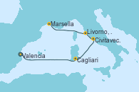 Visitando Valencia, Cagliari (Cerdeña), Civitavecchia (Roma), Livorno, Pisa y Florencia (Italia), Marsella (Francia)