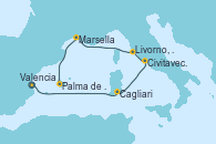 Visitando Valencia, Cagliari (Cerdeña), Civitavecchia (Roma), Livorno, Pisa y Florencia (Italia), Marsella (Francia), Palma de Mallorca (España)