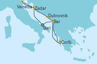 Visitando Bari (Italia), Zadar (Croacia), Venecia (Italia), Dubrovnik (Croacia), Corfú (Grecia), Bar ( Montenegro), Bari (Italia)