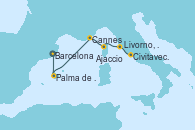 Visitando Barcelona, Palma de Mallorca (España), Cannes (Francia), Ajaccio (Córcega), Livorno, Pisa y Florencia (Italia), Civitavecchia (Roma)