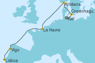 Visitando Kiel (Alemania), Copenhague (Dinamarca), Kristiansand (Noruega), Le Havre (Francia), Vigo (España), Lisboa (Portugal)