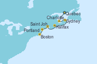 Visitando Quebec (Canadá), Charlottetown (Canadá), Sydney (Nueva Escocia/Canadá), Halifax (Canadá), Saint John (New Brunswick/Canadá), Portland (Maine/Estados Unidos), Boston (Massachusetts)