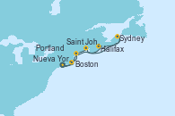 Visitando Nueva Jersey (Estados Unidos), Boston (Massachusetts), Portland (Maine/Estados Unidos), Sydney (Nueva Escocia/Canadá), Halifax (Canadá), Saint John (New Brunswick/Canadá), Saint John (New Brunswick/Canadá), Nueva Jersey (Estados Unidos)