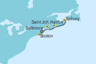 Visitando Baltimore (Maryland), Boston (Massachusetts), Saint John (New Brunswick/Canadá), Halifax (Canadá), Sydney (Nueva Escocia/Canadá), Baltimore (Maryland)