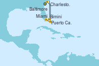 Visitando Baltimore (Maryland), Charleston (Carolina del Sur), Puerto Cañaveral (Florida), Miami (Florida/EEUU), Bimini (Bahamas), Baltimore (Maryland)