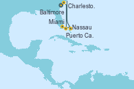 Visitando Baltimore (Maryland), Charleston (Carolina del Sur), Puerto Cañaveral (Florida), Miami (Florida/EEUU), Nassau (Bahamas), Baltimore (Maryland)