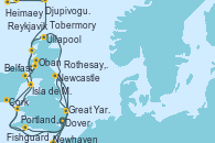 Visitando Dover (Inglaterra), Portland, Dorset (Reino Unido), Fishguard (Gales), Cork (Irlanda), Isla de Mann (Reino Unido), Belfast (Irlanda), Rothesay, Isla de Bute (Reino Unido), Oban (Escocia), Ullapool (Escocia), Newhaven (Reino Unido), Newcastle (Reino Unido), Great Yarmouth (Inglaterra), Dover (Inglaterra), Isla de Mann (Reino Unido), Tobermory (Escocia), Djupivogur (Islandia), Heimaey (Islas Westmann/Islandia), Reykjavik (Islandia)