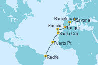 Visitando Savona (Italia), Barcelona, Tánger (Marruecos), Funchal (Madeira), Santa Cruz de Tenerife (España), Puerto Praia (Cabo Verde), Recife (Brasil)