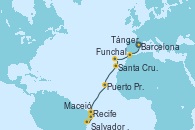 Visitando Barcelona, Tánger (Marruecos), Funchal (Madeira), Santa Cruz de Tenerife (España), Puerto Praia (Cabo Verde), Recife (Brasil), Maceió (Brasil), Salvador de Bahía (Brasil)
