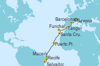 Visitando Savona (Italia), Barcelona, Tánger (Marruecos), Funchal (Madeira), Santa Cruz de Tenerife (España), Puerto Praia (Cabo Verde), Recife (Brasil), Maceió (Brasil), Salvador de Bahía (Brasil)