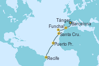 Visitando Barcelona, Tánger (Marruecos), Funchal (Madeira), Santa Cruz de Tenerife (España), Puerto Praia (Cabo Verde), Recife (Brasil)