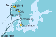 Visitando Rotterdam (Holanda), Eidfjord (Hardangerfjord/Noruega), Bergen (Noruega), Flam (Noruega), Stavanger (Noruega), Rotterdam (Holanda), Copenhague (Dinamarca), Oslo (Noruega), Gotemburgo (Suecia), Rotterdam (Holanda)