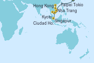 Visitando Tokio (Japón), Kyoto (Japón), Taipei (Taiwan), Hong Kong (China), Nha Trang (Vietnam), Ciudad Ho Chi Minh (Vietnam), Singapur