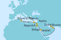 Visitando Atenas (Grecia), Alejandría (Egipto), Alejandría (Egipto), Safaga (Egipto), Safaga (Egipto), Sharm El Sheik (Egipto), Aqaba (Jordania), Jeddah (Arabia Saudí), Muscat (Omán), Dubai, Dubai