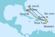 Visitando Jacksonville (Florida/EEUU), Isla Gran Bahama (Florida/EEUU), Puerto Plata, Republica Dominicana, Road Town (Isla Tórtola/Islas Vírgenes), St. John´s (Antigua y Barbuda), Basseterre (Antillas), San Juan (Puerto Rico), Great Stirrup Cay (Bahamas), Jacksonville (Florida/EEUU)