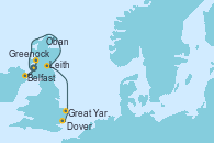 Visitando Greenock (Escocia), Belfast (Irlanda), Oban (Escocia), Leith (Edinburgo/Escocia), Leith (Edinburgo/Escocia), Great Yarmouth (Inglaterra), Dover (Inglaterra)