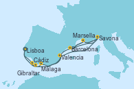 Visitando Lisboa (Portugal), Cádiz (España), Málaga, Valencia, Savona (Italia), Marsella (Francia), Barcelona, Savona (Italia), Marsella (Francia), Barcelona, Gibraltar (Inglaterra), Lisboa (Portugal)