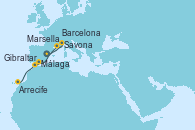 Visitando Barcelona, Marsella (Francia), Savona (Italia), Málaga, Gibraltar (Inglaterra), Arrecife (Lanzarote/España)