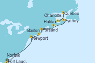 Visitando Fort Lauderdale (Florida/EEUU), Norfolk (Virginia/EEUU), Newport (Rhode Island), Boston (Massachusetts), Portland (Maine/Estados Unidos), Halifax (Canadá), Sydney (Nueva Escocia/Canadá), Charlottetown (Canadá), Quebec (Canadá), Quebec (Canadá)