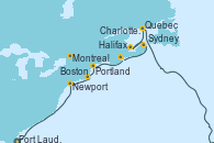 Visitando Fort Lauderdale (Florida/EEUU), Newport (Rhode Island), Boston (Massachusetts), Portland (Maine/Estados Unidos), Halifax (Canadá), Sydney (Nueva Escocia/Canadá), Charlottetown (Canadá), Quebec (Canadá), Montreal (Canadá)
