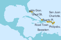 Visitando Jacksonville (Florida/EEUU), Isla Gran Bahama (Florida/EEUU), Great Stirrup Cay (Bahamas), Puerto Plata, Republica Dominicana, Road Town (Isla Tórtola/Islas Vírgenes), Basseterre (Antillas), Philipsburg (St. Maarten), Charlotte Amalie (St. Thomas), San Juan (Puerto Rico), Jacksonville (Florida/EEUU)