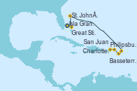 Visitando Jacksonville (Florida/EEUU), Isla Gran Bahama (Florida/EEUU), Great Stirrup Cay (Bahamas), St. John´s (Antigua y Barbuda), Philipsburg (St. Maarten), Basseterre (Antillas), Charlotte Amalie (St. Thomas), San Juan (Puerto Rico), Jacksonville (Florida/EEUU)