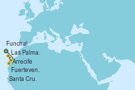 Visitando Funchal (Madeira), Santa Cruz de la Palma (España), Arrecife (Lanzarote/España), Santa Cruz de Tenerife (España), Las Palmas de Gran Canaria (España), Fuerteventura (Canarias/España), Arrecife (Lanzarote/España), Arrecife (Lanzarote/España), Funchal (Madeira)