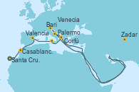Visitando Santa Cruz de Tenerife (España), Casablanca (Marruecos), Valencia, Palermo (Italia), Corfú (Grecia), Bari (Italia), Zadar (Croacia), Venecia (Italia)