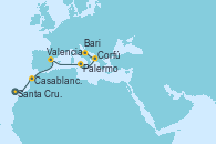 Visitando Santa Cruz de Tenerife (España), Casablanca (Marruecos), Valencia, Palermo (Italia), Corfú (Grecia), Bari (Italia)