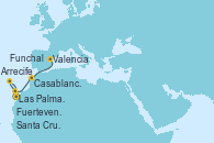 Visitando Las Palmas de Gran Canaria (España), Fuerteventura (Canarias/España), Funchal (Madeira), Santa Cruz de la Palma (España), Arrecife (Lanzarote/España), Santa Cruz de Tenerife (España), Casablanca (Marruecos), Valencia
